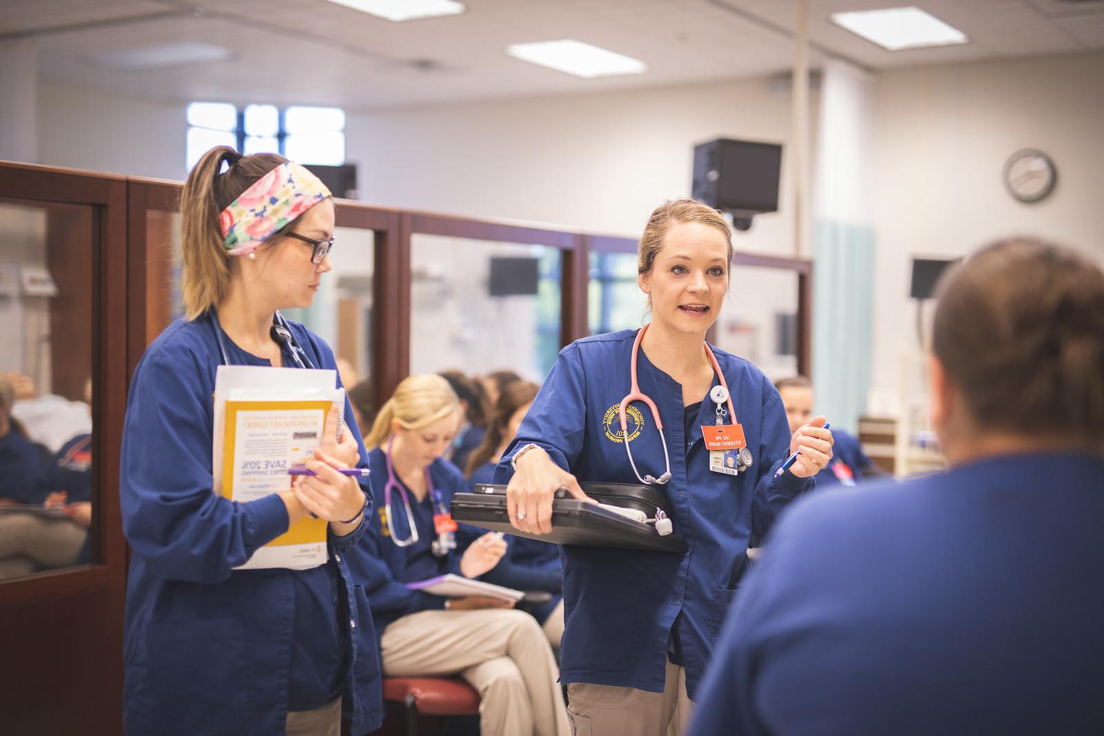 Nursing students inside the virtual hospital at Vincennes University Jasper